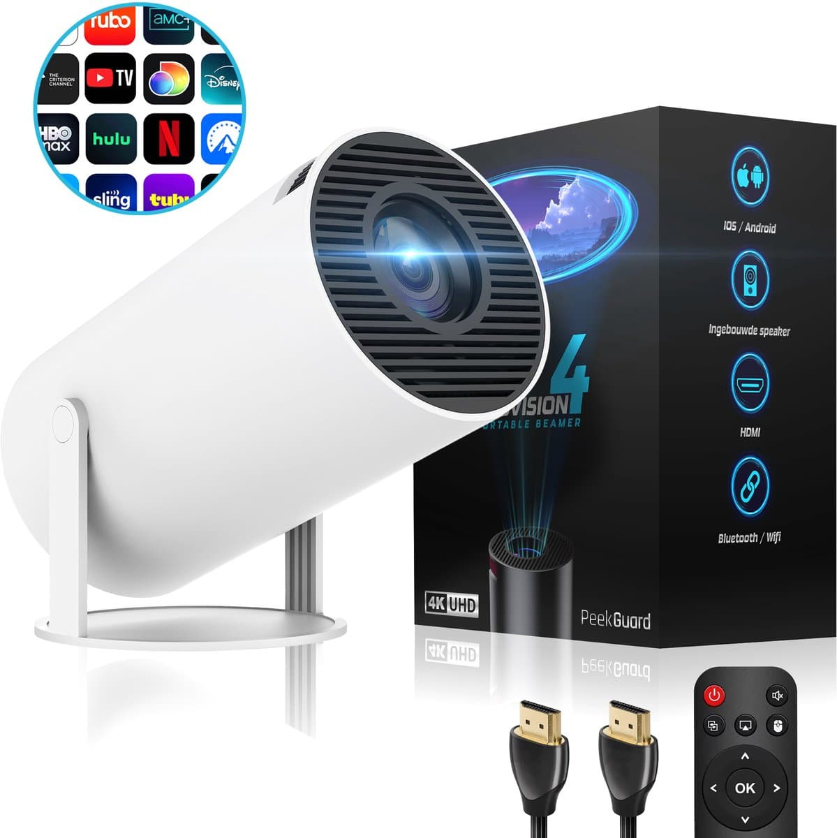 PEEKGUARD® ProVision 4 - Mini Beamer Wit - WiFi - HDMI - Bluetooth - 4K support Beamers Scherm - Apple & Android - Projector Draagbaar - Incl. HDMI kabel & Afstandsbediening — afbeelding 1