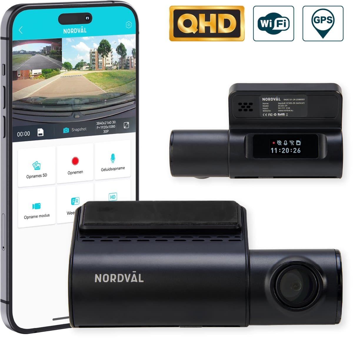 Nordväl DC101-2K Dashcam – 2K QHD – Wifi – GPS – Parkeermodus – Nachtzicht – Super compact – Auto camera - Dashcam voor auto — afbeelding 1