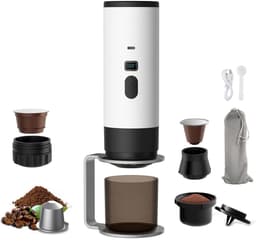 Draagbaar Koffiezetapparaat - Draadloos voor in de Auto - 12 Volt - Espress - Capsule Koffie - Gemalen Koffie - Cups - Oplaadbaar - Draagbare Koffiemachine - Wit — thumbnail 1
