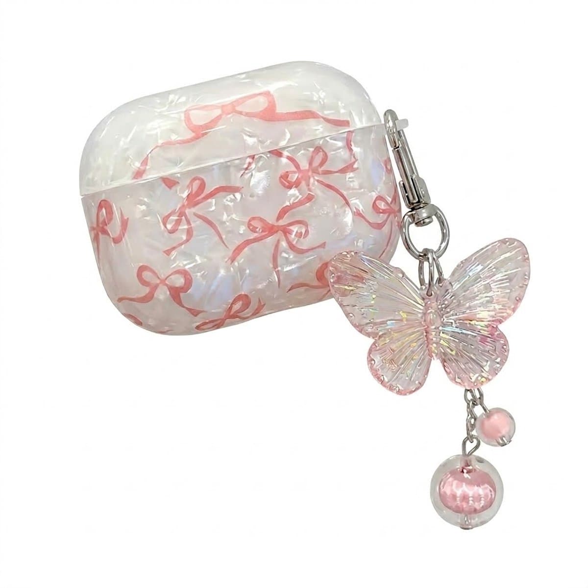 Wit transparant parelmoer hoesje voor oordopjes dames met roze strik patroon en vlinder hanger geschikt voor AirPods Pro 3 hardcase beschermhoes — afbeelding 1