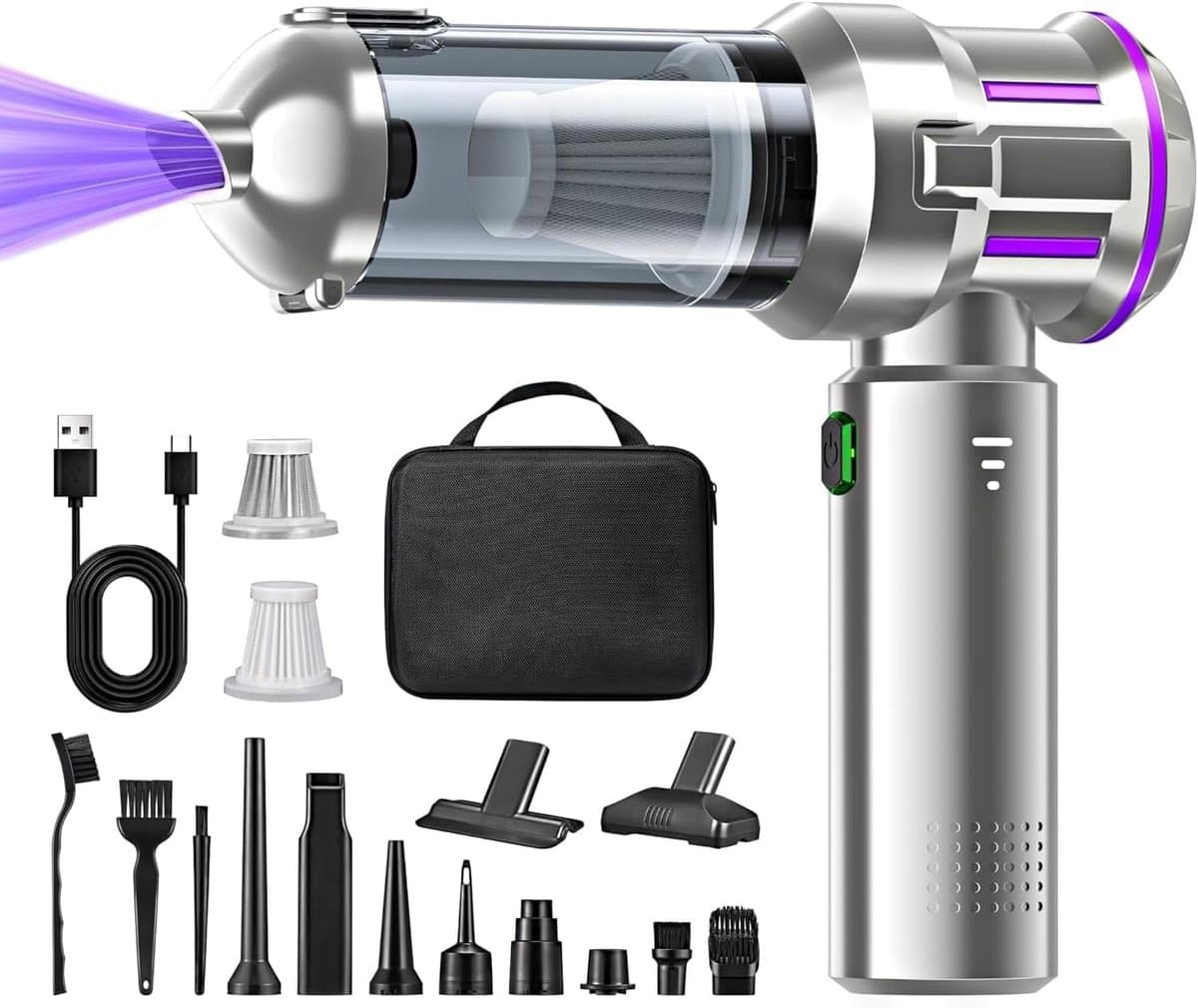 4-in-1 Draadloze Handstofzuiger, Mini Auto Stofzuiger Stofblazer, 16.000 Pa Krachtige Krachtige Zuigkracht borstelloze motor, 6000mAh batterij, 1-touch leegmaken, voor auto/thuis Zwart, EVA-tas — afbeelding 1