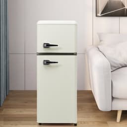 Retro koelkast. Koel-vriescombinatie, 105,5 cm hoog, 41 cm breed, twee deuren, met een totaal volume van 92 liter, vriesvolume van 28 liter. Deurvakken en glazen planken. 116 kWh/jaar, -27 °C ~13 °C, ledverlichting, wit — thumbnail 1