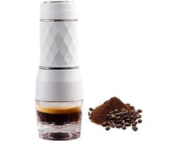 Draagbare espressomachine, geschikt voor capsules en gemalen koffie, handmatig bedienbaar reiskoffiezetapparaat, minikoffiezetapparaat, klein draagbaar koffiezetapparaat, voor kamperen, wit reizen