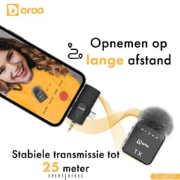 Doroo® Professioneel Draadloze Microfoon - 2 Stuks - Lavalier - Windshields - Extra Lange Batterij - Dasspeld - Professioneel audio geluid - USB-C/Lightning/AUX-draadloze microfoon iphone-Android -Plug & Play - twee jaar garantie — thumbnail 3