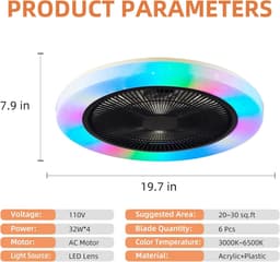 RGB Plafondventilator - 8 Kleuren - Dimbaar - Afstandsbediening & APP - Bluetooth - Smart Lamp - 50 cm - Zwart - Woonkamer Lamp — thumbnail 5