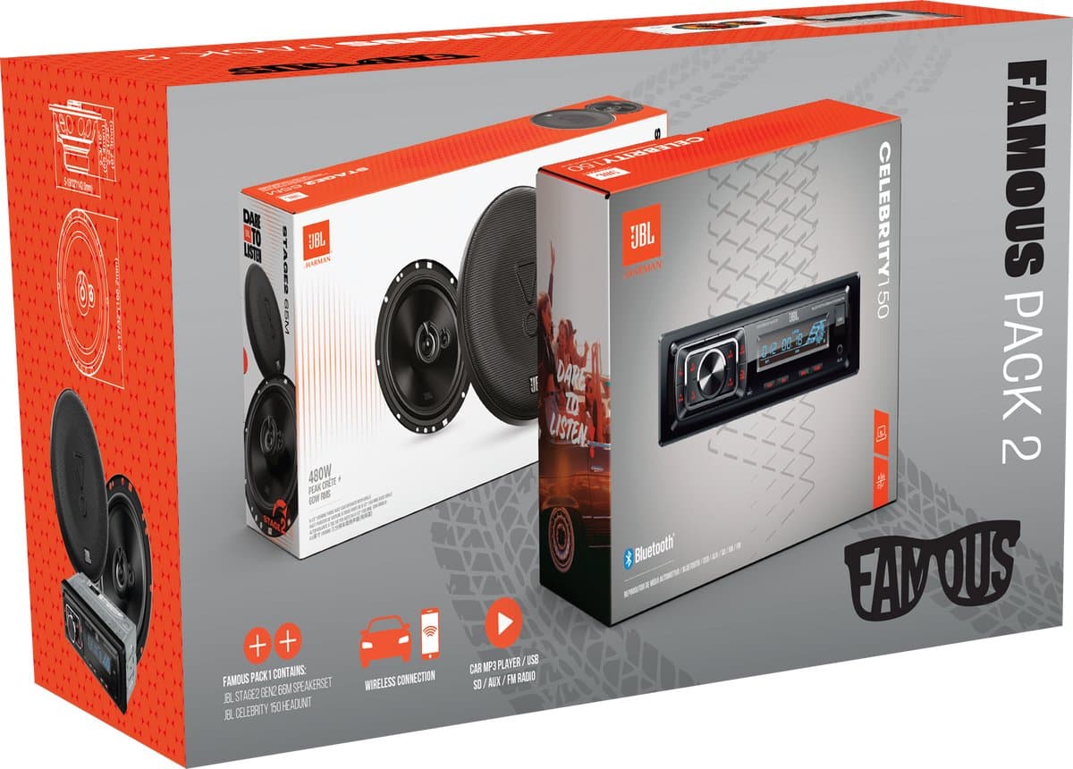 JBL Famous Pack 2 - Autoradio Celebrity150 + Stage2 65M Autospeakers – USB/SD/FM – 480 W – Complete Car Audio Upgrade — afbeelding 1