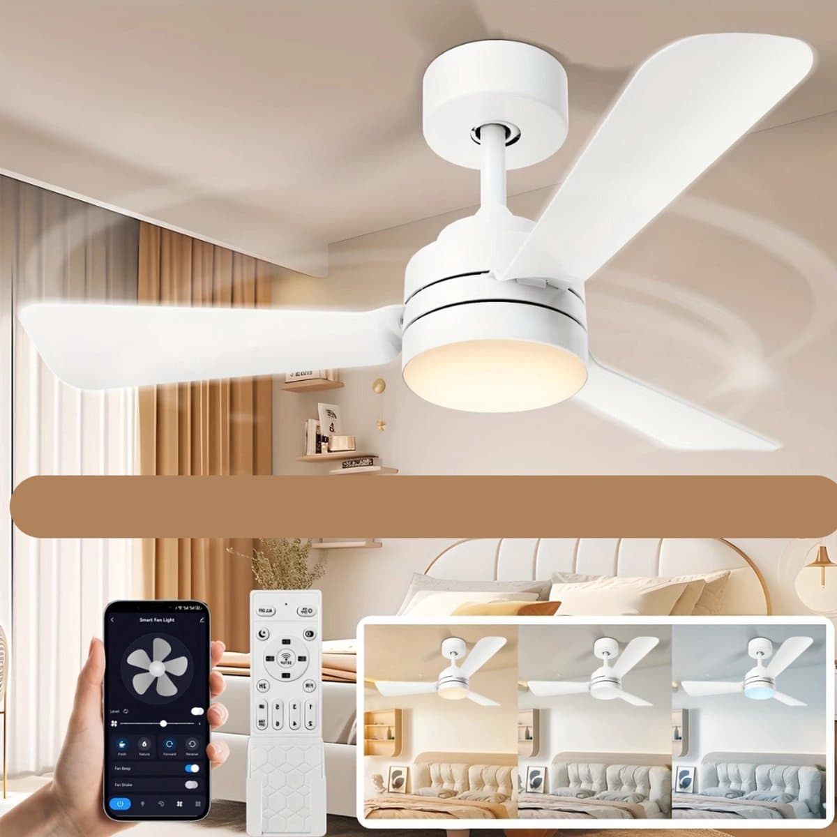 Nivard Plafondventilator - Met Verlichting - Plafond Ventilator - Met Lamp - Plafonniere Met Ventilator - Met Licht - Wit - 90cm — afbeelding 1