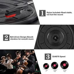 DIGITNOW! Belt-Drive 3-speed draagbare stereo platenspeler met ingebouwde luidsprekers, ondersteunt RCA-uitgang / 3,5 mm Aux-In / hoofdtelefoonaansluiting / MP3, mobiele telefoons muziekweergave — thumbnail 3