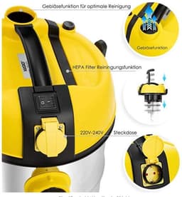 MASKO® industriële stofzuiger nat-droog roestvrij staal 2300W + stopcontact | blaasfunctie | droog en nat zuigen | Push&Clean | industriële stofzuiger met en zonder zak | zakloos - Geel — thumbnail 3