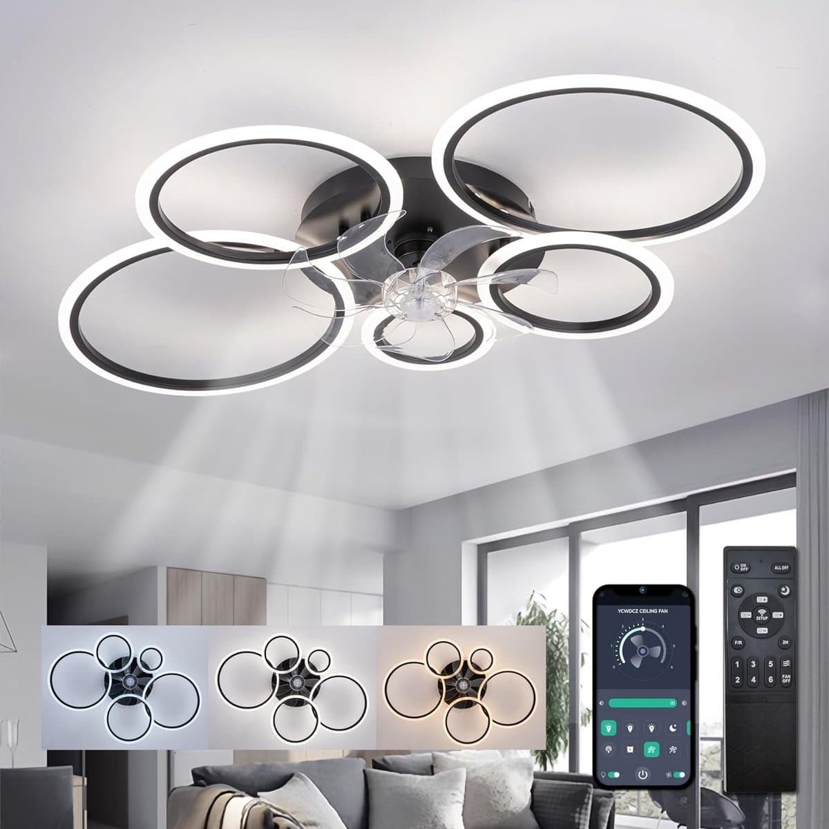 LuxiLamps - 5 Ringen Plafondventilator - Zwart - 6 Snelheden - Dimbaar Met Afstandsbediening en APP - Moderne Cirkel Ventilator Licht — afbeelding 1