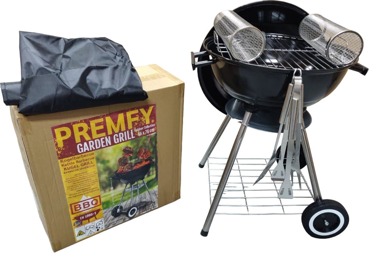 Premfy Luxe Kogelbarbecue - Houtskoolbarbecue - Ronde Barbecue op Wielen - SET met 2 Grillrollen, BBQ Hoes, en Grilltangen SET - 46x76 cm - Instelbaar Luchtrooster - Grilloppervlak Ø 45 cm - Met As Vanger - Zwart — afbeelding 1