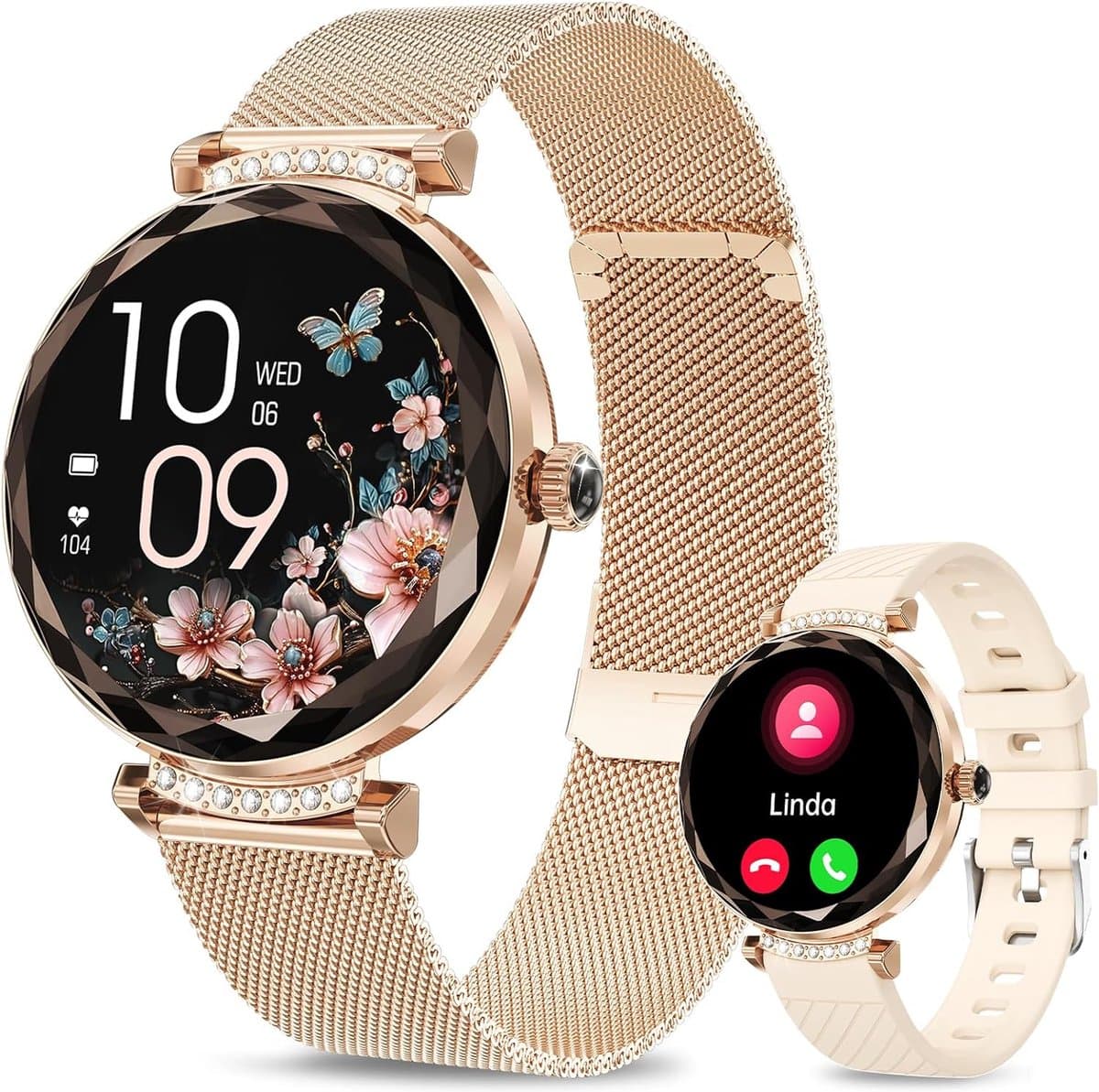 Synyq Diamond Smartwatch Dames Rosé-Goud - 39mm - AMOLED Scherm - 2 Bandjes - Horloge met Belfunctie - Bloeddrukmeter - Stappenteller - Dames Horloge -Android en iOS — afbeelding 1