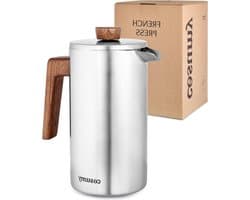 1L Roestvrij Staal en Duurzaam Eikenhout French Press - Voor 5 Kopjes - 2 Extra Filters - Dubbelwandige Isolatie