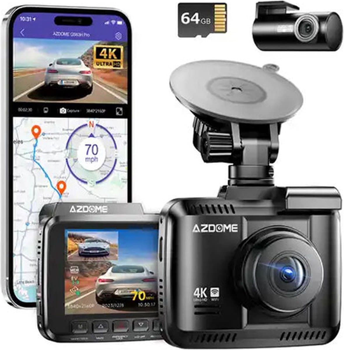 AZDome GS63H Pro 2CH dashcam voor auto - Voor en achter camera - Night vision - Loop recording - 4K resolutie - Wifi - Gps - Parkeermodus - 2.4 inch display - dashcam voor auto — afbeelding 1