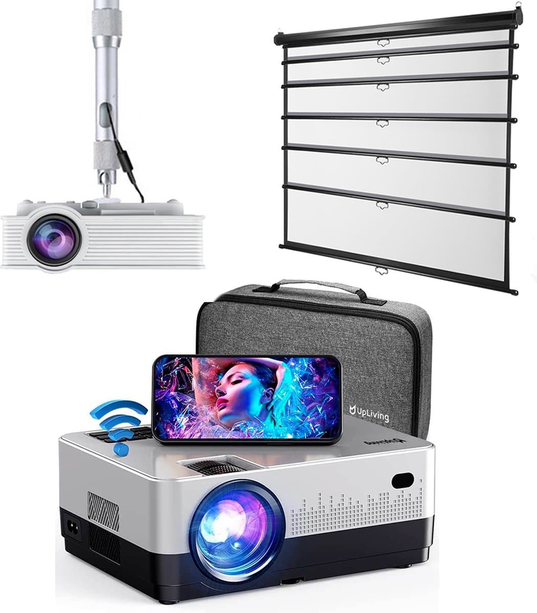 UpLiving® Thuisbioscoop set | Behuizing Zwart en 171cm Breed | 72 inch 16:9 | UpLiving™ LCD Mini Beamer met WiFi | UpLiving™ Beamerbeugel | UpLiving™ handmatig projectiescherm | Surround set Home Cinema | Projector | Mini beamer | Filmpakket — afbeelding 1