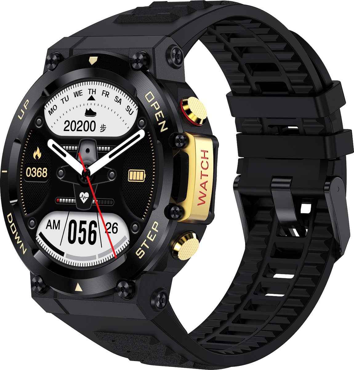 Belesy® AURORA - Smartwatch Heren –Horloge – Stappenteller – Calorieën – Constante Hartslag – Sporten – Bel functie - Je eigen foto als wijzerplaat - Kleurenscherm - Full Touch – Goud/Zwart - Siliconen - Moederdag — afbeelding 1