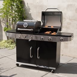 SUMM – Hybride Barbecue MAGNUS – Gasbarbecue & Houtskool BBQ – 2 Grillroosters 48x42 cm – Zijbrander – Opbergkast – Verrijdbaar – Zwart/RVS - Hoogwaardige kwaliteit — thumbnail 4