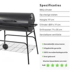 Grote Verrijdbare Cilinder BBQ op Wielen met Verstelbare Ventilatieroosters - Houtskool Barbecue - Houtskoolbarbecue - Cilinder — thumbnail 4