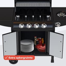 KitchenBrothers Gas BBQ - Gasbarbecue met zijbrander - 5 Branders - PFAS Vrij - Met Gasaansluiting - 42x57cm Grilloppervlak - Extra Opbergruimte - Vaderdag Cadeau - Zwart — thumbnail 4