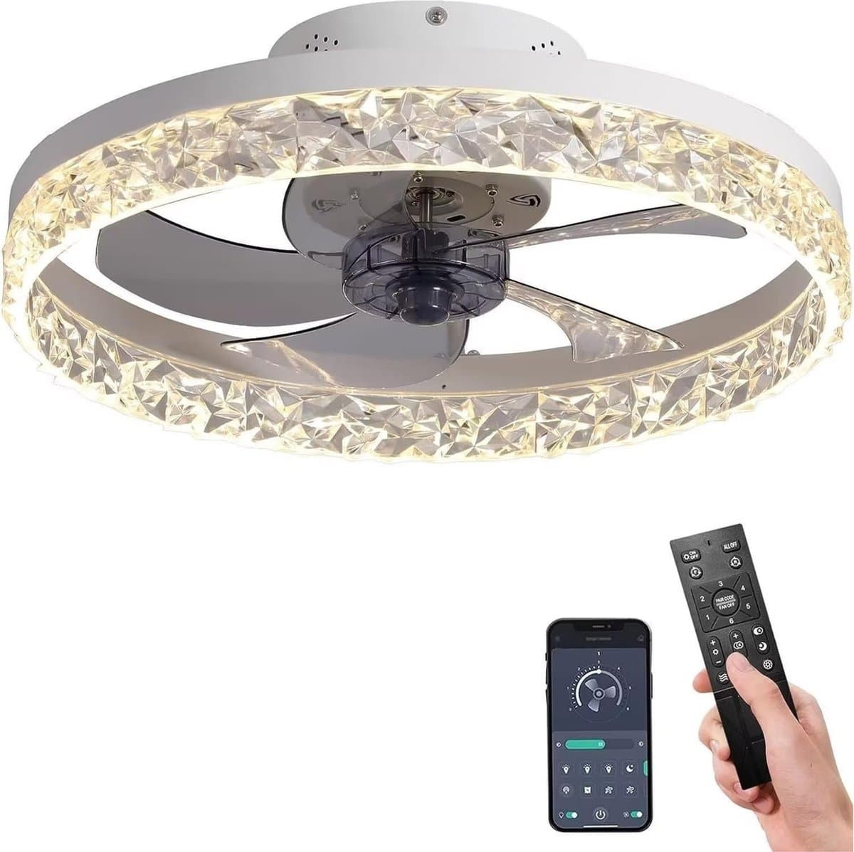 Lichtendirect- Plafondventilator met verlichting - Wit- Smart Lamp - 6 Standen Ventilator – Plafonniere Keuken Lamp - Woonkamerlamp - Dimbaar met afstandsbediening- APP functie- — afbeelding 1