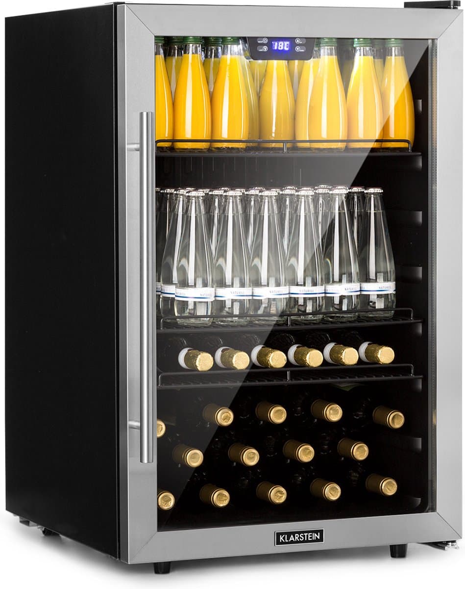 Klarstein Drankkoeler minikoelkast met glazen deur, minikoelkast voor op de kamer, kleine met verstelbare schappen, kleine koelkast van 147 liter, stille koelkast voor binnen en buiten - Drankkoelkast Drankenkoelkast - Touch Display - RVS — afbeelding 1