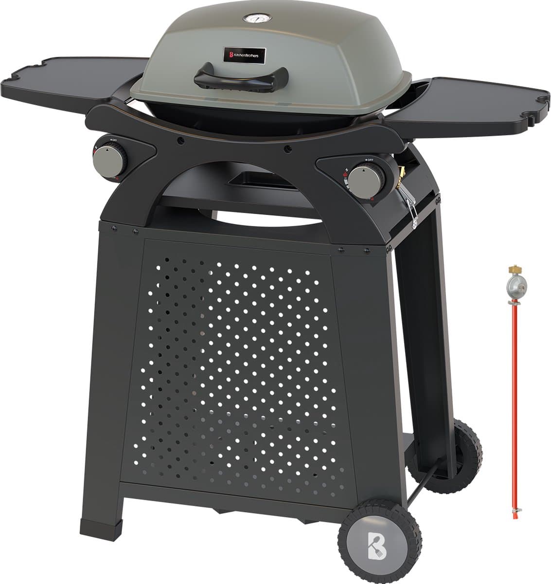 KitchenBrothers Gas BBQ - Staand en Tafelmodel Barbecue - 2 Branders - PFAS Vrij - Tafelbarbecue - Anti-aanbaklaag - 37x48 cm Grilloppervlak - Vaderdag Cadeau - Zwart — afbeelding 1