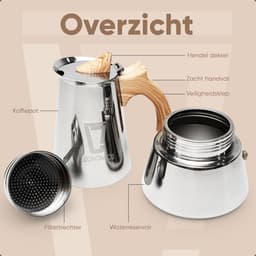 Moka Pot Percolator Inductie 300 ml 6 Kops – RVS Koffiezetapparaat met Houtlook Handvat – Espresso Maker – Leonomics — thumbnail 3