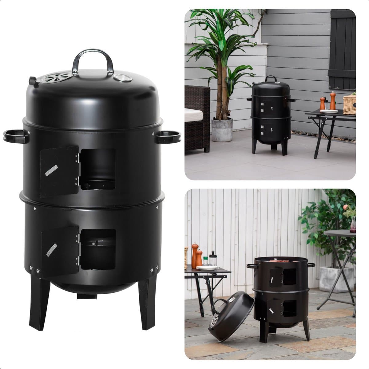 BBQ Rookoven - Rook- en Grilloven - Ø40 x H78 cm - Staal - 2 Roosters - Thermomemeter - Houtskool/Briketten - 6,9 kg - Barbecue Smoker — afbeelding 1