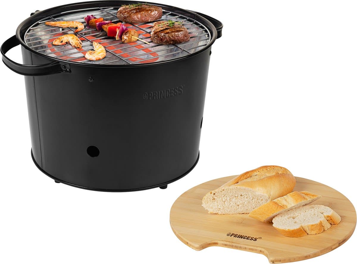Houtskool BBQ - Princess 112240 Hybride Bucket Barbecue - Elektrische BBQ - Met en zonder houtskool te gebruiken - Park Barbecue - 1400W - Diameter 32cm - met serveerplank - bbq accesoires — afbeelding 1