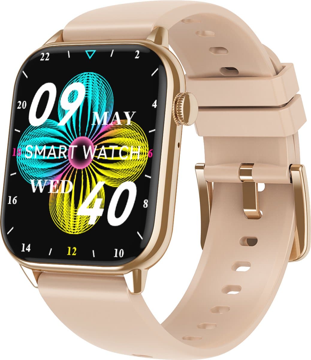 Belesy® HIMALAYA - Smartwatch Heren – Smartwatch Dames - Horloge – Stappenteller – Calorieën - Hartslag – Sporten - Je eigen foto als wijzerplaat - Kleurenscherm - Full Touch - Bluetooth Bellen – Goud – Silicone – Roze - Moederdag — afbeelding 1