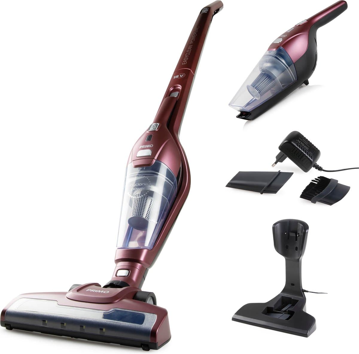 PRIMO PR508SV Steelstofzuiger Draadloos 2-in-1 - Stofzuiger Zonder Zak - Kruimelzuiger - HEPA Filter - Bordeaux — afbeelding 1