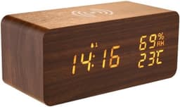 Houten Digitale Wekker - Wekkerradio - Draadloos Oplader iPhone - Wekker - Hout - Reiswekker - Draadloos opladen - Weerstation Binnen - Walnootkleur — thumbnail 1