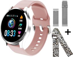 Belesy® BQSiZiPk - Smartwatch Dames - Smartwatch Heren - Horloge - Stappenteller - 1.3 inch - Kleurenscherm - 10x Sporten - INDOOR en OUTDOOR - Zilver - Siliconen - Roze - extra polsband Panterprint en Milanees staal zilver - Moederdag — thumbnail 1
