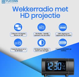 YUCONN Wekkerradio met Projectie - Digitale Klokradio - Wekker met DST - VA-display blauw of wit — thumbnail 2