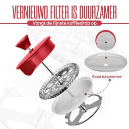 French Press/Franse Pers Koffiezetapparaat, Koffie of Thee Maker met Drie Filters, Hittebestendig Borosilicaatglas met Stalen Zuiger - 1000ml / 1 Liter / 34Oz - Rood — thumbnail 2