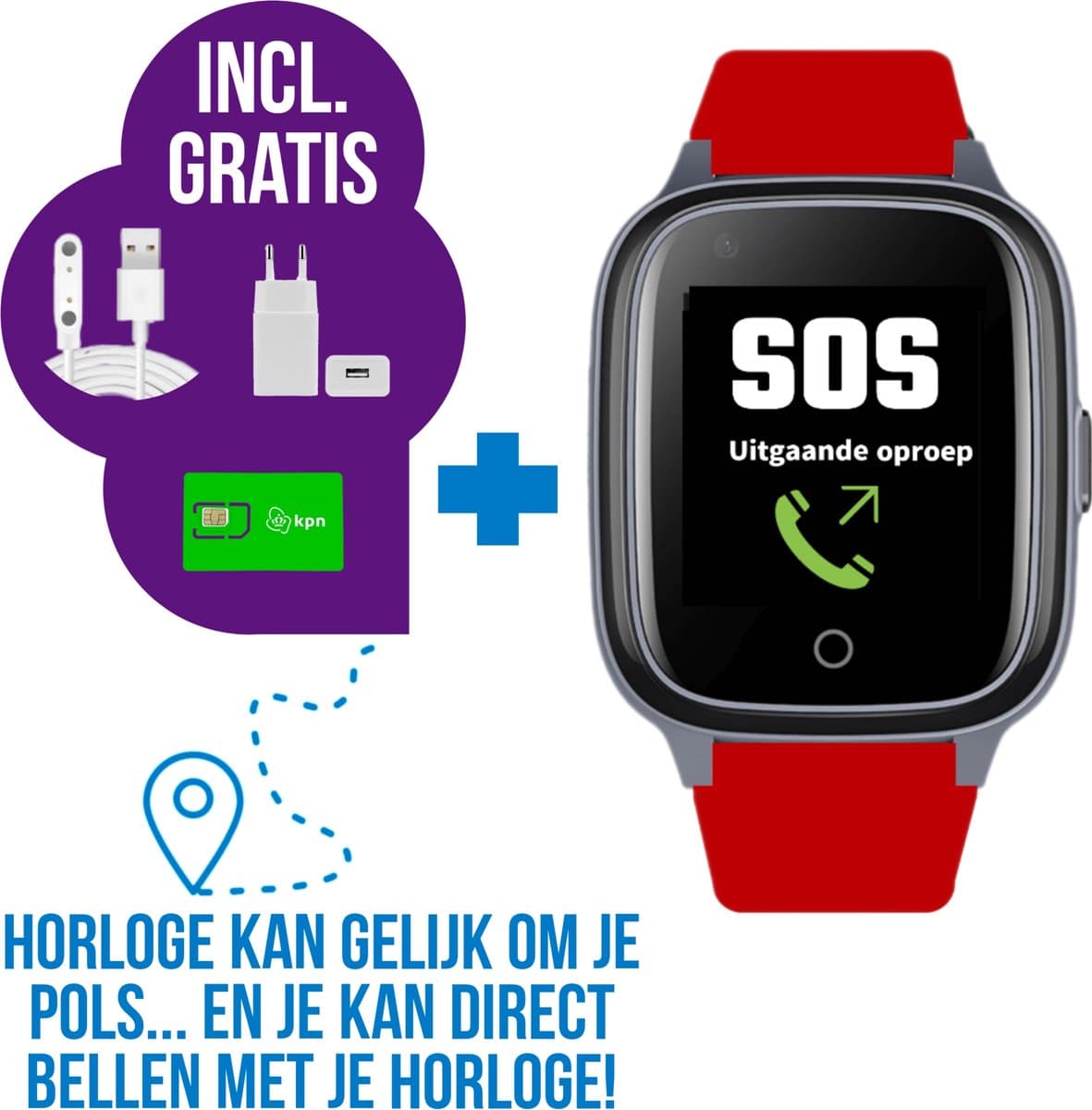 Wiesba WB34S - GPS Horloge Senior - Smartwatch voor Ouderen - Persoonlijke alarmen - alarm horloge ouderen - GPS Horloge Alzheimer - Valdetectie - Personenalarmering met SOS knop Alarmknop - Rood — afbeelding 1