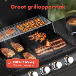 KitchenBrothers Gas BBQ - Gasbarbecue met zijbrander - 5 Branders - PFAS Vrij - Met Gasaansluiting - 42x57cm Grilloppervlak - Extra Opbergruimte - Vaderdag Cadeau - Zwart — thumbnail 5