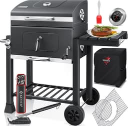 KESSER® Houtskoolbarbecue XL Barbeque Houtskool met Deksel, Wielen, Afdekkap, Roestvrij Stalen Handvat, Barbecuerooster en Thermometer, 8 Spiesen met Zakje & siliconen Borstel, grote BBQ Camping Terras Tuin — thumbnail 1