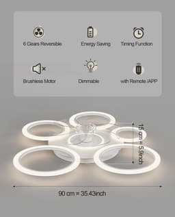 6 Ringen Plafondventilator - Zwart - 6 Snelheden - Dimbaar Met Afstandsbediening en APP - Moderne Cirkel Ventilator Licht — thumbnail 5