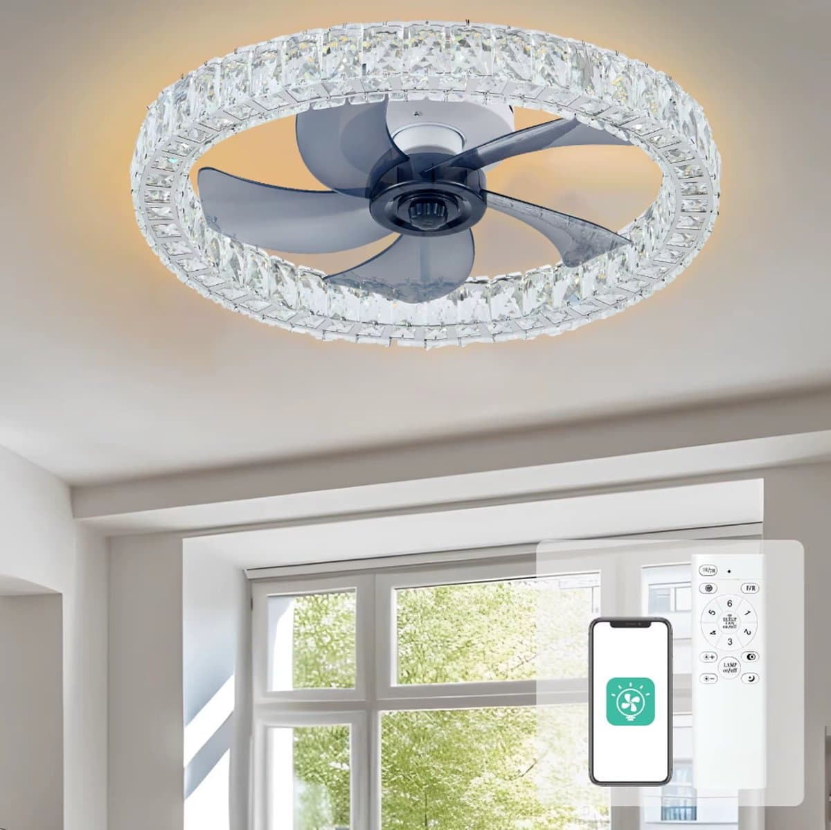 Crystal Ventilator Lamp - 6 Standen - Smart Lamp - Dimbaar - Kroonluchter Ventilator - Chroom - Woonkamer Lamp — afbeelding 1