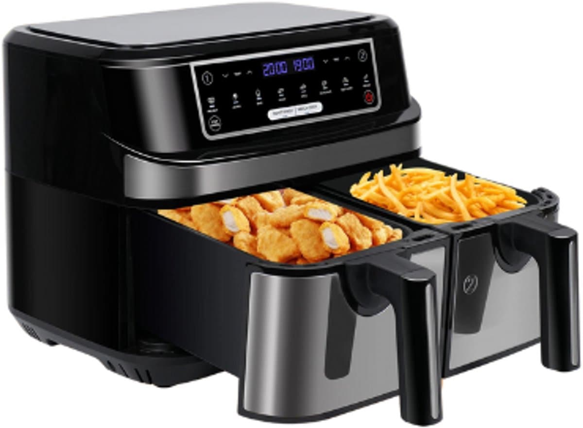 Mygroot - Hete luchtfriteuse - Dubbele kamer 9 liter - XXL-luchtfriteuse - 2 onafhankelijke lades van 4,5 liter - 8 automatische programma's met LED-touchscreen — afbeelding 1