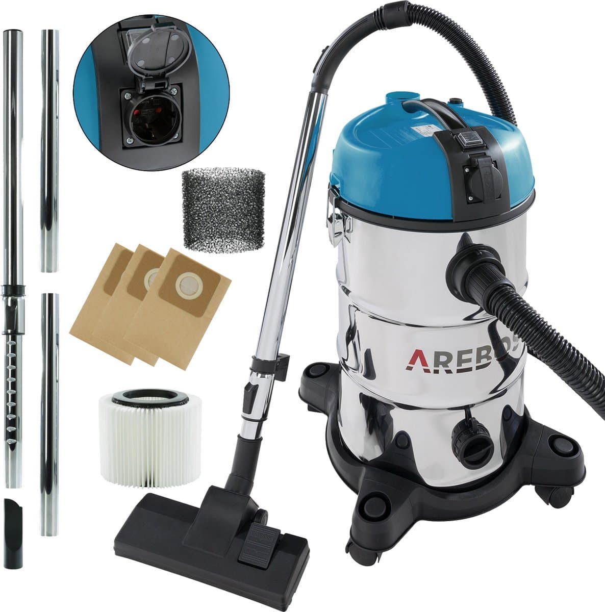 AREBOS Industriële stofzuiger | geel | inhoud 30 liter | 1300 W | met extra stopcontact | uitblaasfunctie | ideale natte droge stofzuiger | ook voor aszuigen — afbeelding 1