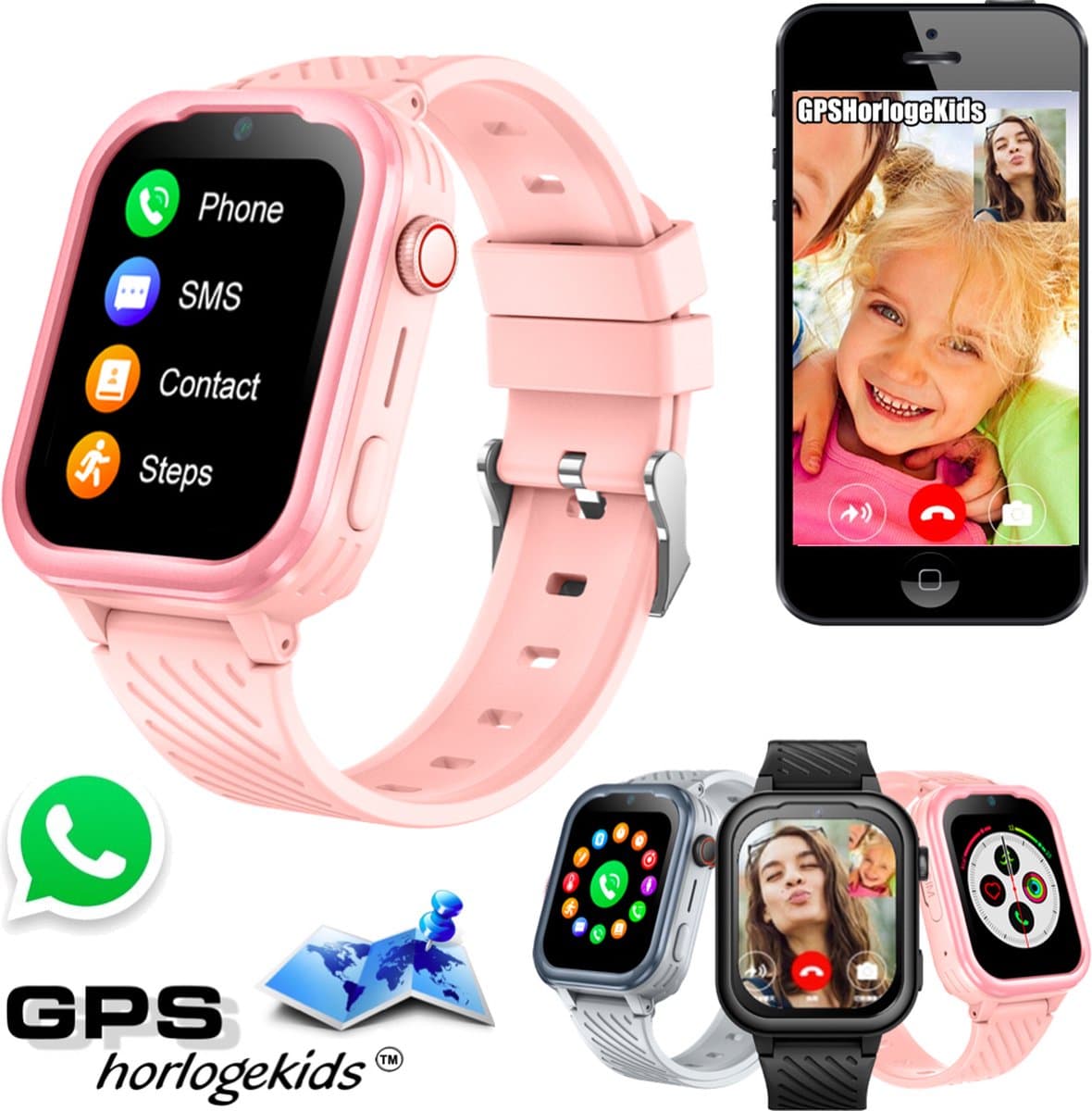 GPSHorlogeKids© - GPS horloge kind - smartwatch kinderen - WhatsApp - 4G videobellen - spatwaterdicht - SOS alarm - SMS - incl SIM - Turn Roze — afbeelding 1