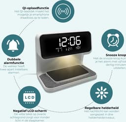 Digitale Wekker - Wake Up Light - Wekker met Draadloze Oplader - Twee Alarmen - Dimbaar - Kinderwekker - Instelbare Nachtlamp - Wit — thumbnail 5