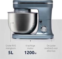 BluMill Keukenmachine - RVS - 6 Snelheden - Keukenmachine met kom - 5 Liter - met Accessoires - 1200W - Metallic Blauw — thumbnail 5