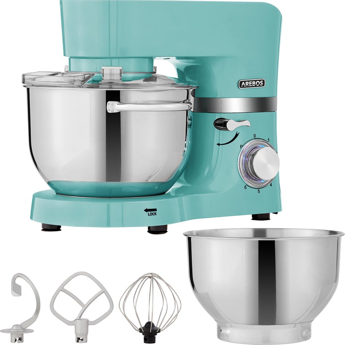 AREBOS Keukenmachine - 1500W - Keukenrobot - 5,5L&4,5L - Keukenmixer - Foodprocessor - Roestvrij Stalen Mengkom - 6 Snelheden - Turquoise — afbeelding 1