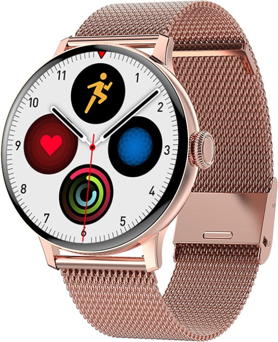 Belesy® NUMBER 2 - Smartwatch Heren – Smartwatch Dames - Horloge – Stappenteller – Calorieën - Hartslag – Sporten - Splitscreen - Kleurenscherm - Full Touch - Bluetooth Bellen – Staal – Milanees - Goud - Moederdag — afbeelding 1