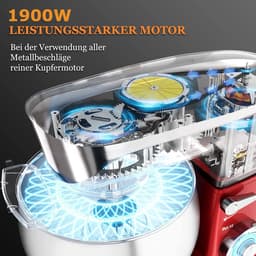 Royalty Line® PKM1900 Keukenmachine - 6.5 L Keukenrobot - Mixer Met Mengkom - 1900W Keukenmixer - Incl. Accessoires - Rood — thumbnail 2