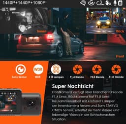 3 Lens Dashcam 1440P + 1080P met Infrarood Nachtzicht en 24/7 Parkeermodus — thumbnail 5