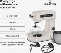 Klarstein Chiara 1600W Keukenmachine – 5L roestvrijstalen kom, 12 snelheden, LCD-touchdisplay, Stil ≤72 dB, Vaatwasserbestendige patisserieset, Aluminium spuitgietbehuizing, Zand — thumbnail 3